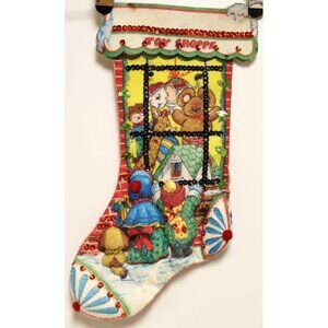 VTG Felt Stocking Toy Shoppe Sequins Kids Looking in Window Animals Customizable